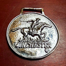 Winchester Pocket Fob Horse & Rider Advertising Metal Keychain Silvertone Cowboy picture