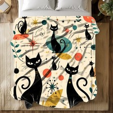 Retro Atomic Black Cats Coral Fleece Blanket Mid-Century Decor picture