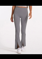 Vuori Women’s Gray Lux Ribbed High Rise Flare Leggings Slit Hem Yoga Size S picture