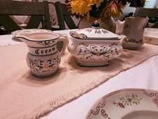 Vintage Folk Art Pottery Creamer & Covered Sauce Tureen Set Blue Floral 4 Piece picture
