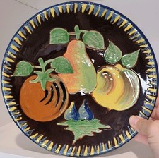 Vintage Italian Studio Pottery Embossed Fruit Plate Dark Glaze Sign Luigiolanta picture