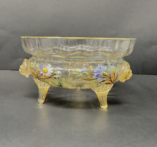 Signed Fritz Heckert Enameled Footed Glass Bowl W/Lion Head Prunts Circa 1900's picture