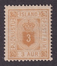MATT'S STAMPS SCOTT ICELAND #O4 YELLOW 3 AURAR 1876-95 OFFICIAL ISSUE, MH CV$55 picture