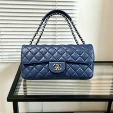 Auth Chanel Flap Medium Blue SHW Perforated Lambskin Turn Lock Crossbody Bag picture