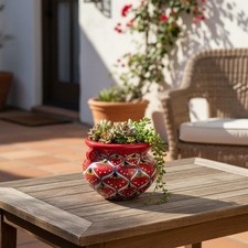 Hand-Painted Talavera Flower Pot | Artisan-Crafted Red Peacock Decor Planter picture