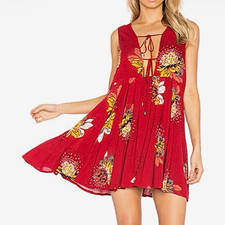 Free People Red Floral Lovely Day Mini Dress Deep V-Neck Sleeveless w/ Ties Sz M picture