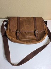 Vintage Fossil Brown Genuine Leather & Canvas Messenger Bag Crossbody Satchel picture