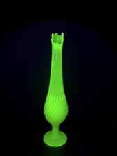VHTF Vintage Fenton Glass Uranium Yellow Opaline Hobnail Swung Vase 14.75” picture
