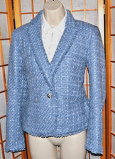 NWT ANN TAYLOR Petites $170 Blue Tweed Fringe Jacket Blazer Sz. 8p picture