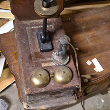 Antique Pre-1940 Wood Wall Telephone Box w/ Twin Brass Bells & Candlestick picture