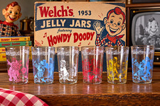 Welch's 1953 Howdy Doody Jelly Jar Glass Set of 6, Clear Pink Blue Red picture