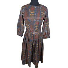 VTG 1960s Handmade Geometric Print Fit & Flare Dress Brown Size 4 EUC picture
