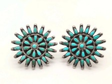 Stunning Large Vtg Zuni Pettipoint Cluster Turquoise Sterl Silver Post Earrings picture