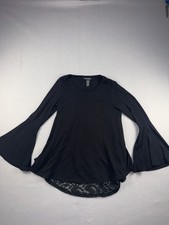Olivia & Grace Top Size S Black Long Bell Sleeve Lace Trim Tunic Blouse picture