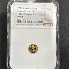 Ascension G$5 2026 Gold 0.999 Commemorative QEII 100th Anniv NGC PF69 picture