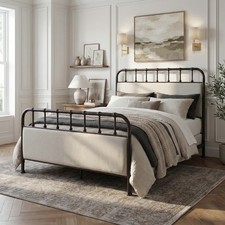Full Industrial Metal Panel Bed Dark Copper Upholstered Fabric Headboard 56