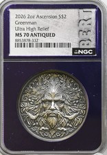 2026 2 oz Ascension Greenman Ultra High Relief S$2 NGC MS70 Antiqued Trader Bea picture
