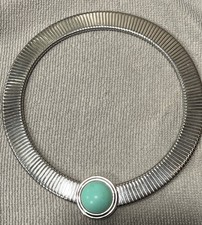 Vintage Signed Monet Silver Tone Tubogas Omega Collar Choker Turquoise Cabochon picture