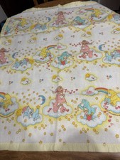 Vintage 1983 Care Bear Fleece Baby Blanket Yellow Rainbow Clouds 39.5inx43.5in picture