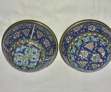 Two Antique Damascus Heena  Brass Enamel Flowers Decorated Bowl picture