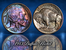 1913-P Type 1 Buffalo Nickel Bu++ Gem Flaw 11 o'clock Full Horn Rainbow Toned picture