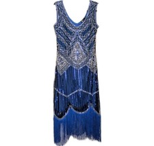 Fundaisy Blue Sequin Beaded Flapper Dress Fringed Gatsby 1920s Style Women's XL picture