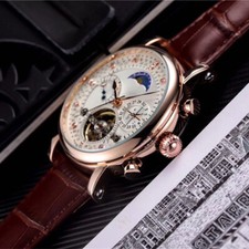 Men's Automatic Mechanical Watch Tourbillon Leather 3ATM Date Moon Phase picture