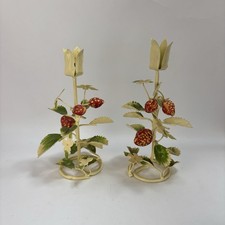 (2) Vintage Italian Tole Strawberry Metal Candle Holder Cream Red picture