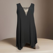 BCBGMAXAZRIA Alie Black Lace Inset Shift Dress Sleeveless Handkerchief Hem M picture