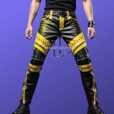 Handmade Men's Black & Yellow Real Cowhide Leather Pants Biker Motorcyle pant picture