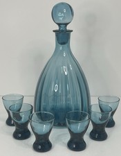 Vintage Aqua Blue Hand Blown Optic Glass Decanter Set 6 Glasses 7 Pc MCM picture