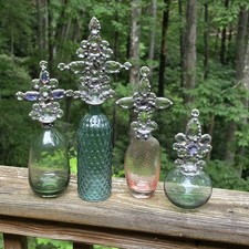 Lot 4 Vtg Artisan Hand Soldered Crystal Cross Glass Bottles Decanter Shabby Art picture
