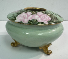 Antique GDA Limoges France Hand Painted Green Gold Hair Receiver Jar picture