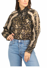 Miss June One Size Womens Black Beige Floral High Neck Balloon Sleeve Blouse NWT picture