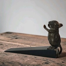 Vtg Brass Mouse Doormouse Holding Door Stop Stopper with Black Wood Wedge 4