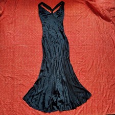 Antique 1930s black bias cut rayon satin maxi length slip dress gown cross back picture
