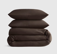QUINCE Organic Crisp Percale Duvet Cover Set Full/Queen Espresso 3 Pc NWOT picture