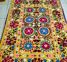 Vintage Suzani Embroidered Tapestry Yellow Boho Floral Wall Hanging Bedspread picture