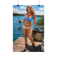 Sexy Fishing Girl Poster Hot Woman Lake Wall Art Print Man Cave picture