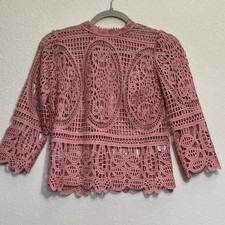 Pink Open Knit Crochet Lace Top Boho Chic Coquettte Romantic Cottage Festival picture