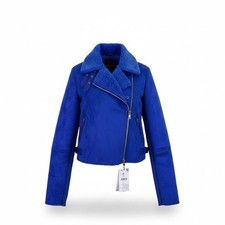 Bershka Womens Blue Faux Shearling Biker Jacket With Zipper Pockets Size S picture