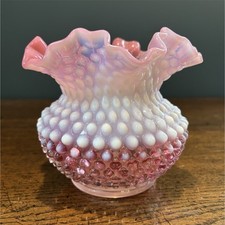 Vintage Fenton Cranberry Opalescent Hobnail Ruffled Vase Crimped 5.25