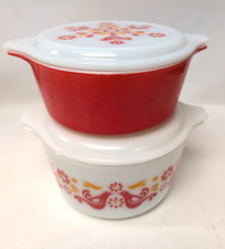 Vintage Pyrex Friendship 472 473 Casserole Dishes w Lids Red Orange Birds picture