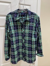 Talbots Women gorgeous Blue Green Metallic Long Sleeve Button Blouse Shirt XL picture
