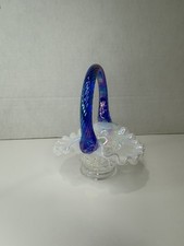 Fenton French Opalescent Paneled Grape Mini Basket Iridized Cobalt Blue Handle picture