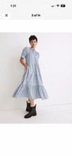 Madewell Blue White Floral Puff Sleeve Midi Dress M Pockets Smocked A-Line picture