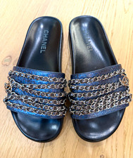 CHANEL Women’s Blue iridescent Leather Chain CC Logo Slide Sandals EU 38 picture