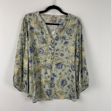 Chicos Green Floral Popover Blouse Size 3 US XL Rayon V Neck 3/4 Sleeves Boho picture