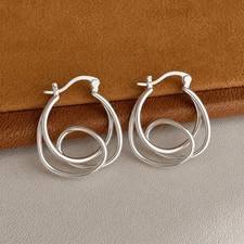 925 Silver Interlocking Double Loop Hoop Earrings Minimalist Statement Hoops E65 picture
