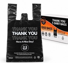 1000 Black Thank You T-Shirt Bags Easy Open HDPE Grocery Carryout 12x7x22 USA picture